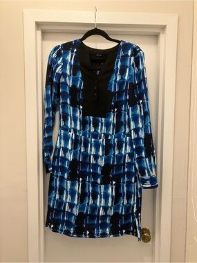 Karen Millen Blue Brushstroke Long-Sleeve Dress with Black Placket